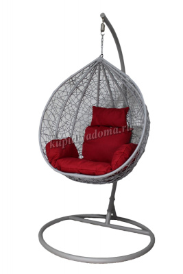 Кресло подвесное маленькое Кокон F-03 (Светло-серый ротанг/Красная подушка)